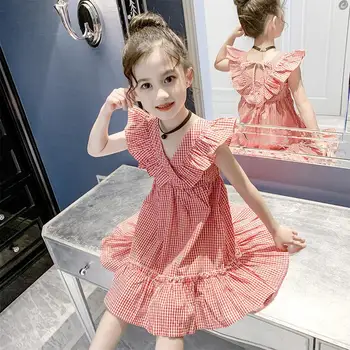 Летнее платье 2023 для Детей, Детская Одежда для Девочек, Клетчатые Платья Принцессы на бретелях Для Маленьких Девочек, Праздничное Платье для Танцев от 2 до 12 лет