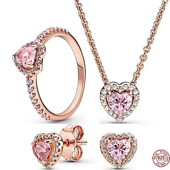 Серьги-кольца из стерлингового серебра 925 пробы из розового золота в форме сердца с цирконом и розовым кристаллом, подходящий дизайн, очаровательный ювелирный подарок для друга