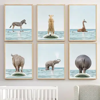 Морской жираф, Фламинго, Зебра, Слон, серфинг, настенное искусство, холст, живопись, плакаты на скандинавскую тему и принты, настенные панно, декор детской комнаты для малышей