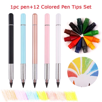 1 шт. ручка + 12 цветных наконечников для ручек, набор цветных металлических карандашей без чернил, школьные канцелярские принадлежности для студентов Kawaii для письма и рисования