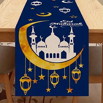 Рамадан Карим Льняная Настольная Дорожка Home Party Decor Gold Blue Moon Eid Mubarak Star Настольная Дорожка для Кухни Обеденный Декор