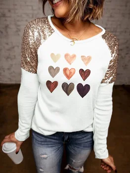2023 Осенняя футболка с длинным рукавом и блестками в виде сердца, белый женский пуловер с новым принтом, женские топы с круглым вырезом, модная шикарная одежда
