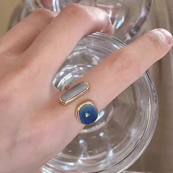 Ретро Квадратное кольцо сине-зеленого цвета, с которого капает масло, Модный темперамент, простое открывающееся кольцо, Женские ювелирные аксессуары, новинка 2023 года