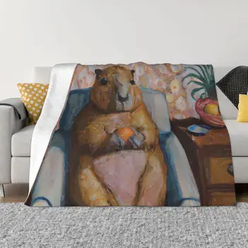 Фланелевое одеяло с милым животным Капибара, Уютное оранжевое покрывало из мягкого флиса