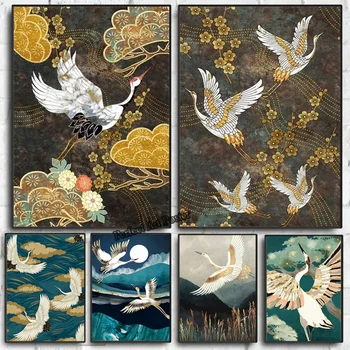 Золотой летящий журавль в китайском стиле, абстрактное Солнце, плакаты с животными, принты с птицами, Настенная живопись для гостиной