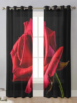 Красная роза, черные прозрачные занавески для окон гостиной, Прозрачная вуаль, Тюлевая занавеска, шторы Cortinas для домашнего декора