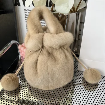 Модная Женская сумка Lucky Bag из меха Норки, сумка через плечо из натуральной Норки, Милая Плюшевая женская вечерняя сумочка на шнурке